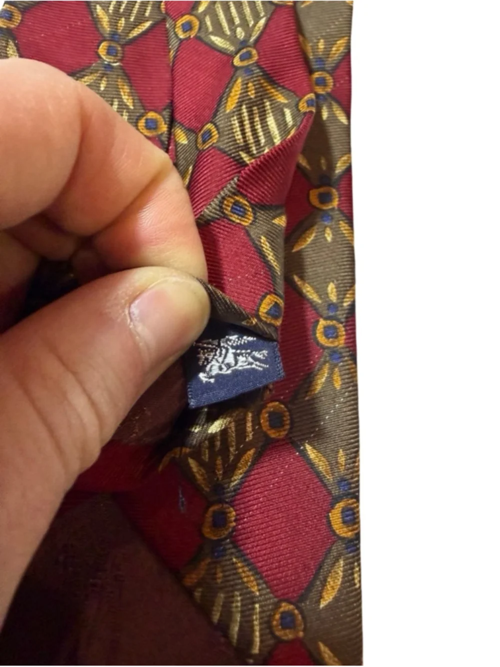 Burberrys London Silk Tie Red Gold Geometric Medallion Vintage Luxury